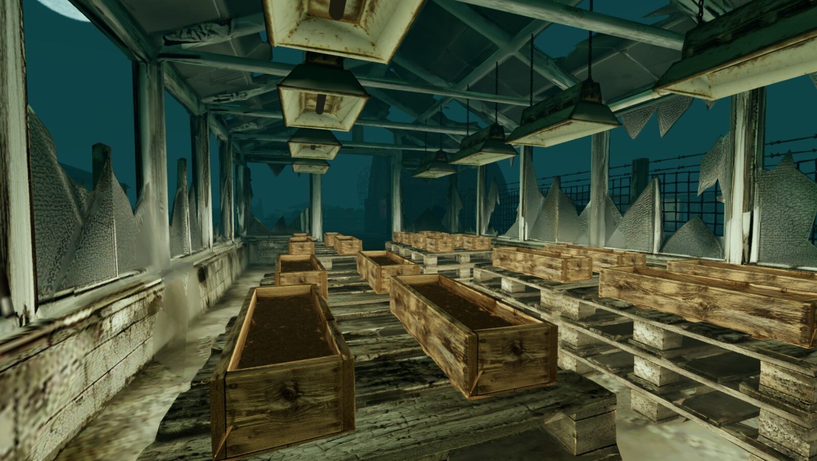 Inside the derelict greenhouse: rows of empty wooden planters under hanging lamps and broken glass panes