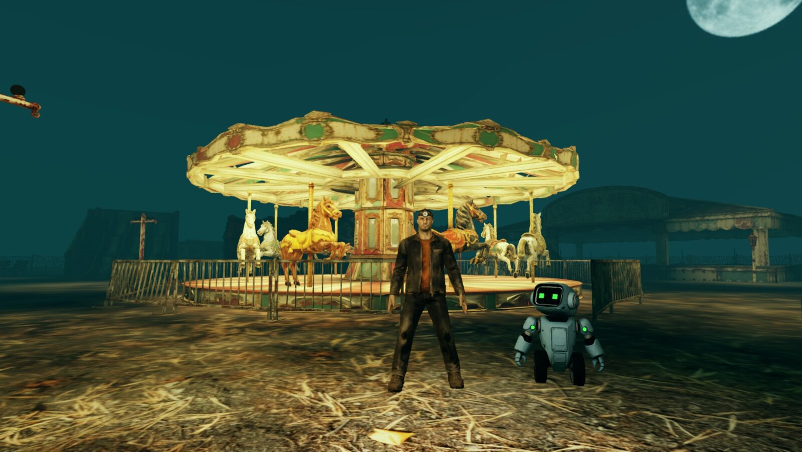 A survivor and the LS1000 robot standing in front of the lit carousel at night