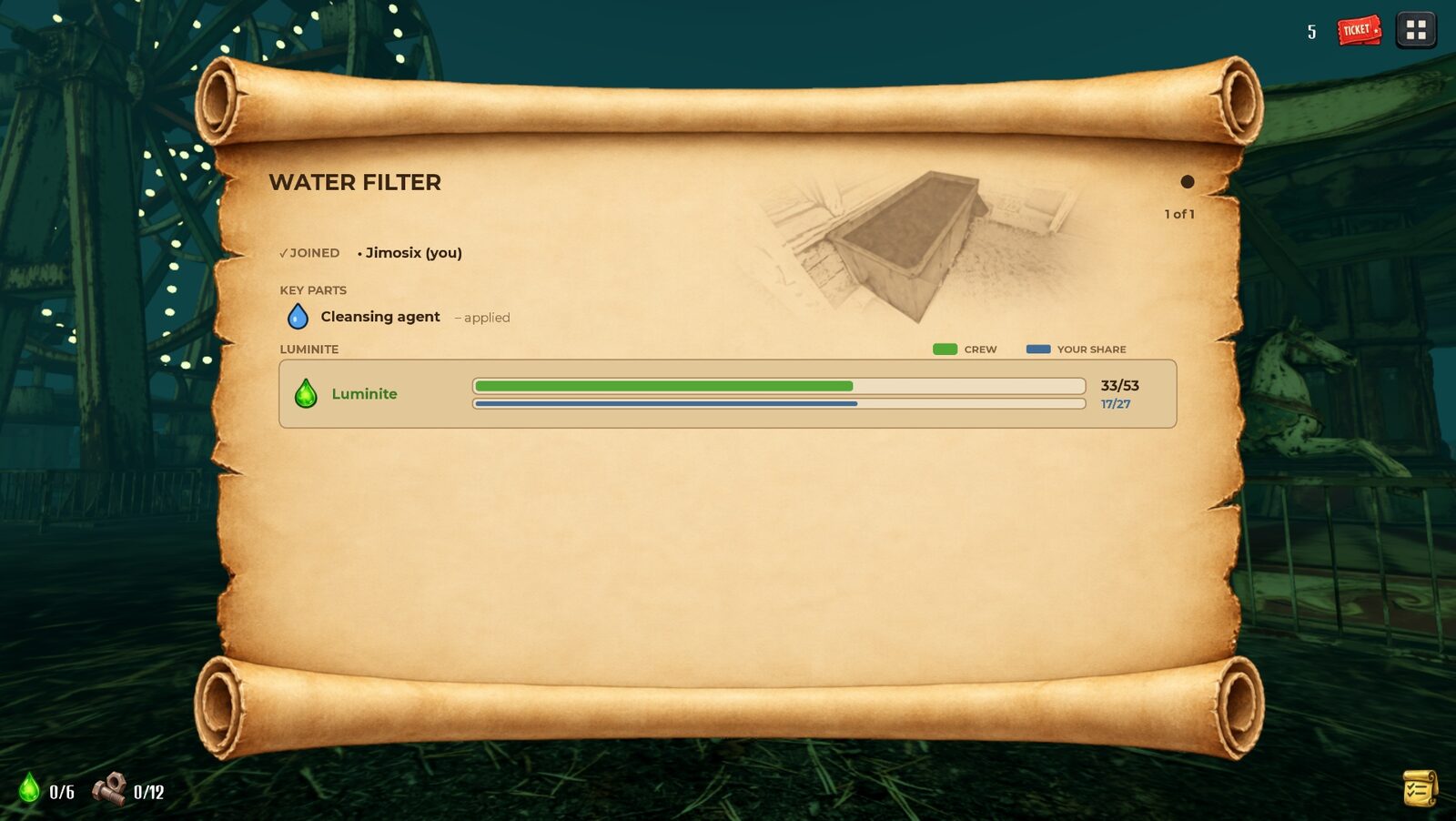 The in-game task scroll for the water filter, showing the crew's Luminite progress and the player's share